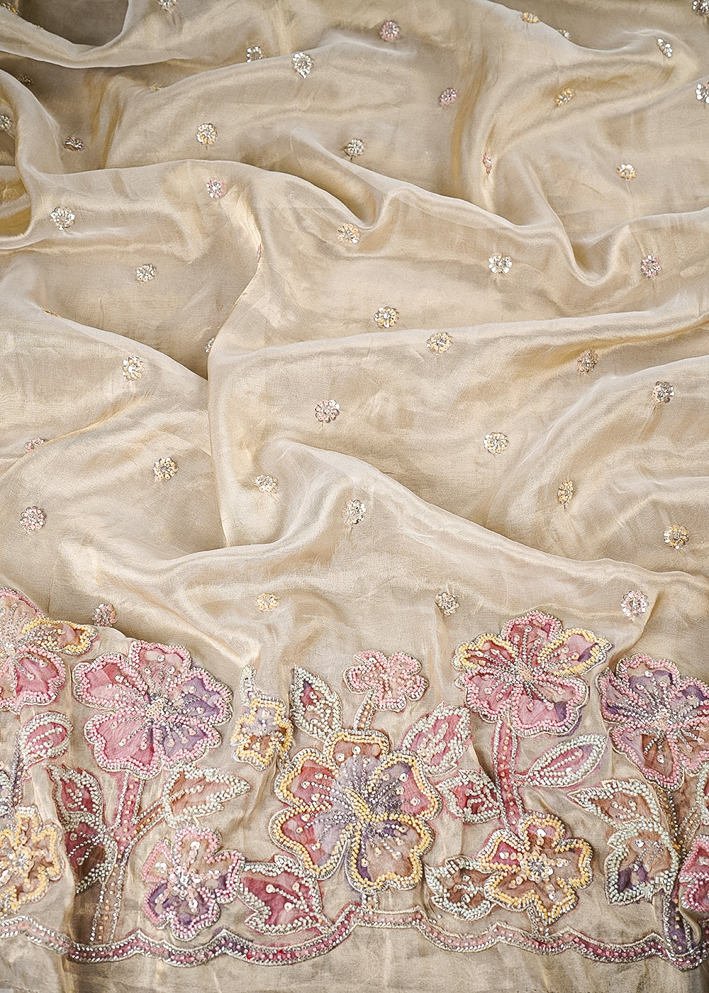 Golden Dyeable Tissue Fabric With All Over Zari, Sequins And Katdana Work With One Side Border 25792