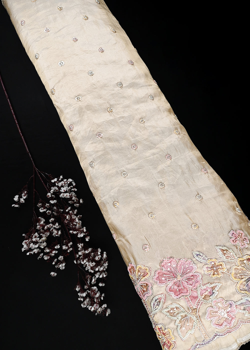 Golden Dyeable Tissue Fabric With All Over Zari, Sequins And Katdana Work With One Side Border 25792