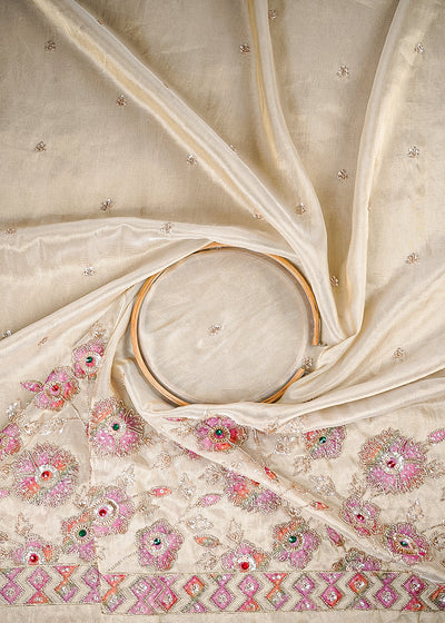 Golden Dyeable Tissue Fabric With All Over Zari, Sequins, Katdana And Stone Work With One Side Heavy Border 25794