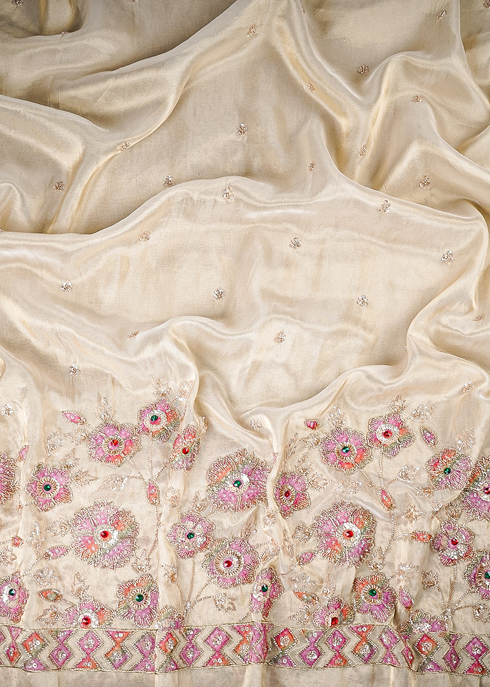 Golden Dyeable Tissue Fabric With All Over Zari, Sequins, Katdana And Stone Work With One Side Heavy Border 25794