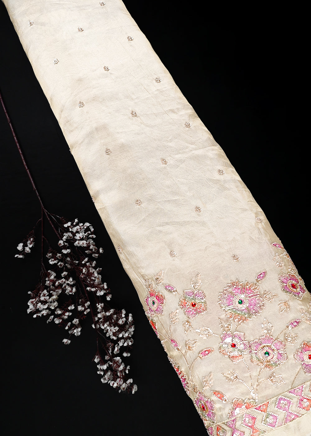 Golden Dyeable Tissue Fabric With All Over Zari, Sequins, Katdana And Stone Work With One Side Heavy Border 25794