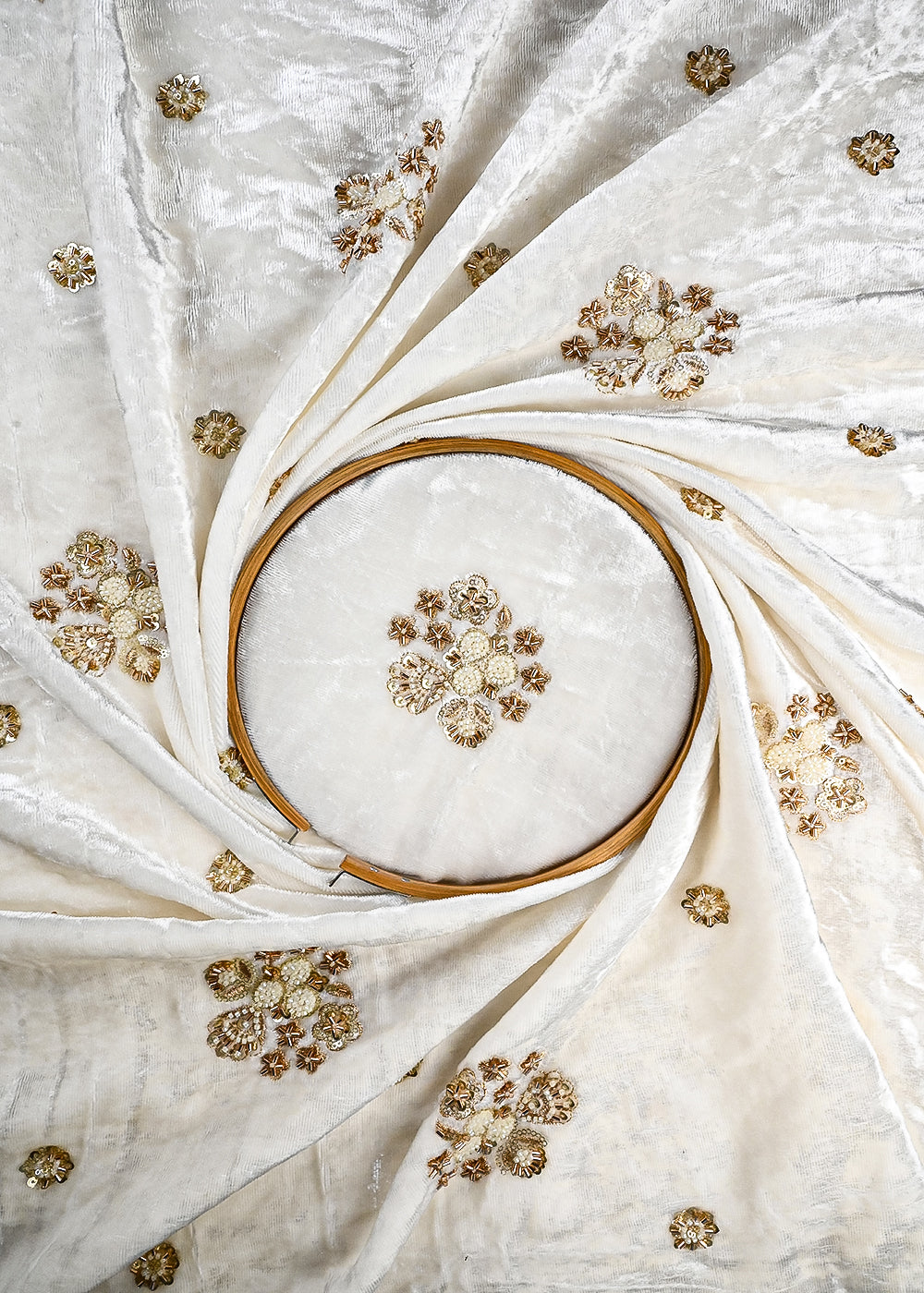 White Dyeable Velvet Fabric With All Over Zari, Sequins And Katdana Work 25803