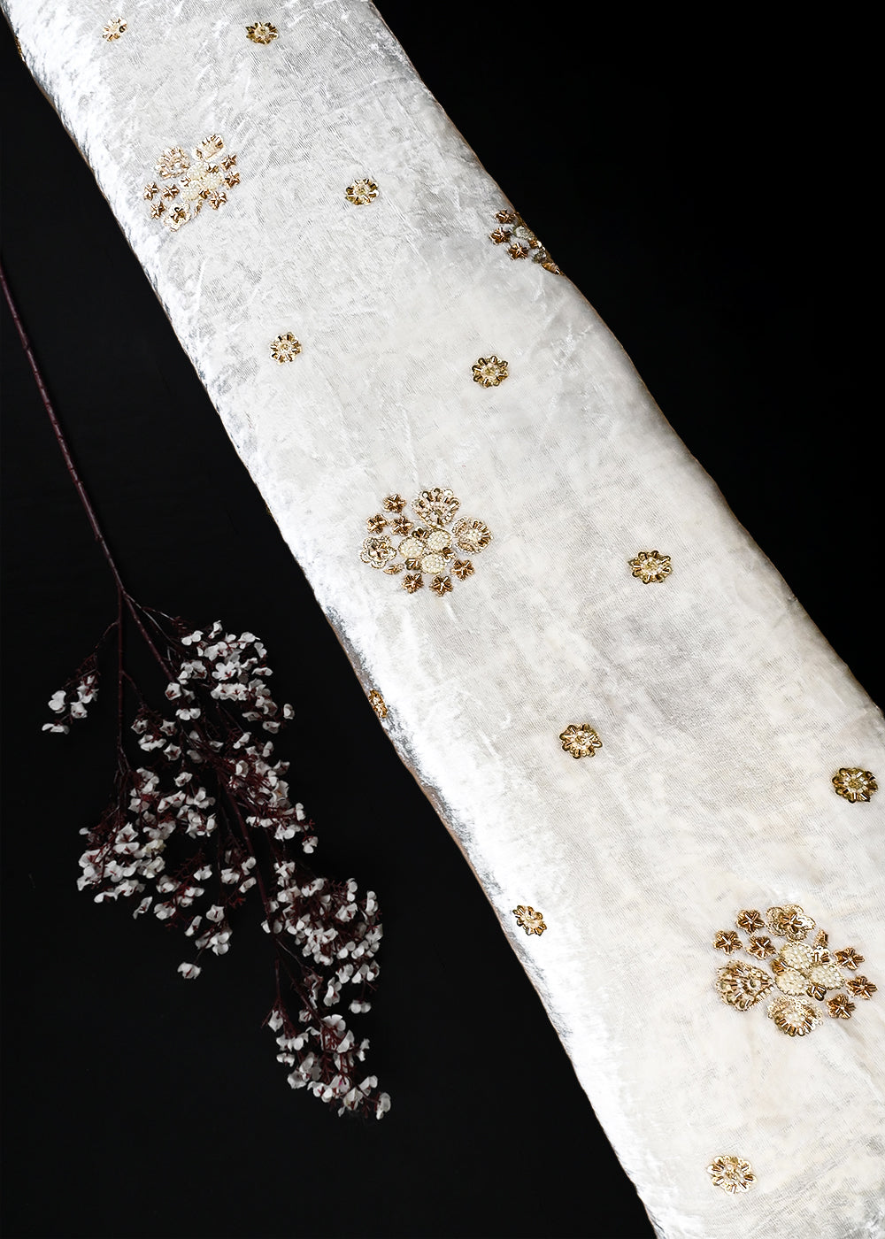 White Dyeable Velvet Fabric With All Over Zari, Sequins And Katdana Work 25803