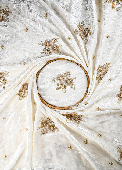White Dyeable Velvet Fabric With All Over Zari, Sequins And Katdana Work 25804