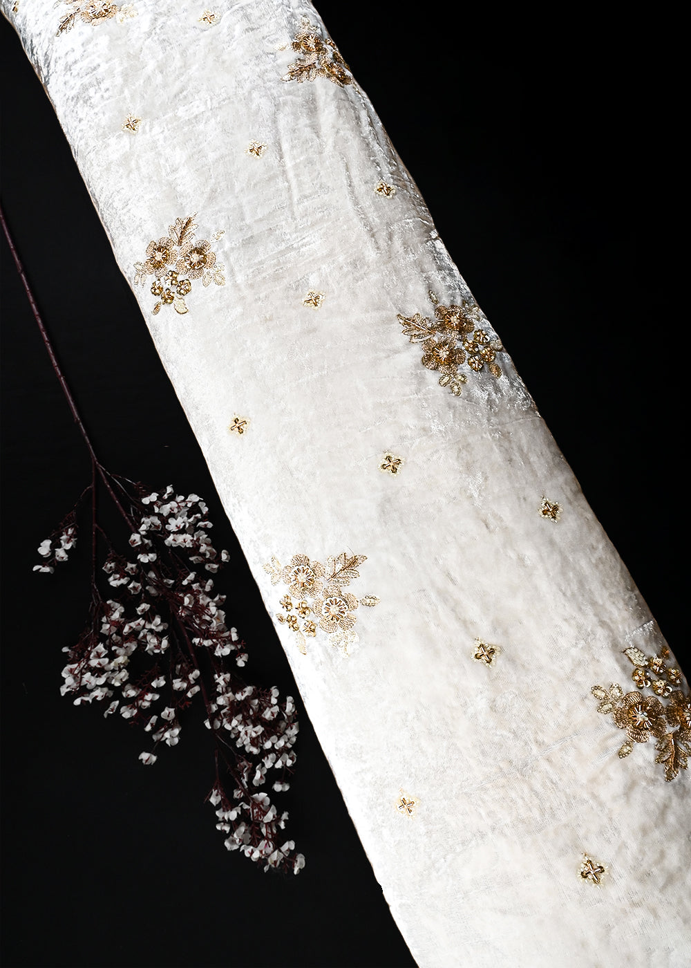 White Dyeable Velvet Fabric With All Over Zari, Sequins And Katdana Work 25804