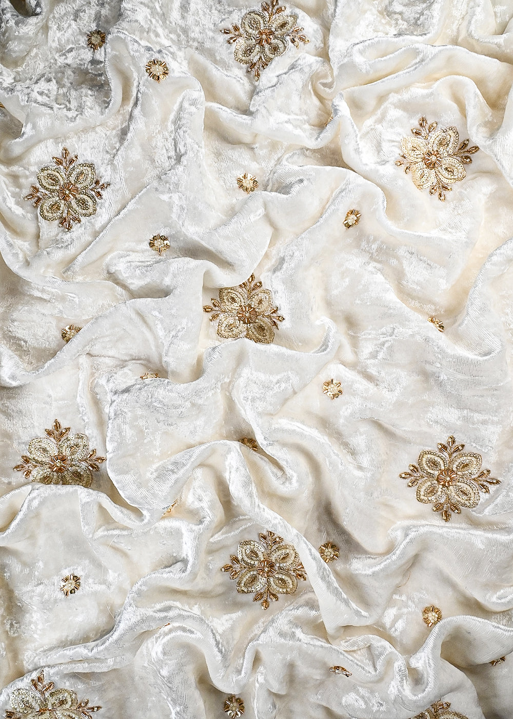 White Dyeable Velvet Fabric With All Over Zari, Sequins And Katdana Work 25805