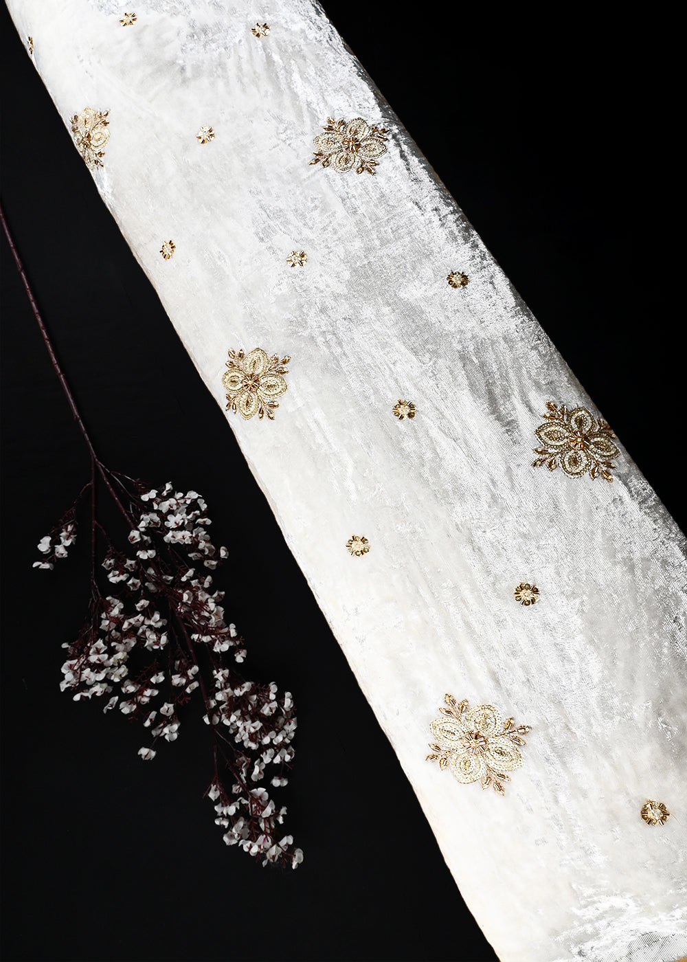 White Dyeable Velvet Fabric With All Over Zari, Sequins And Katdana Work 25805