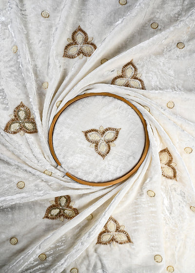 White Dyeable Velvet Fabric With All Over Zari, Sequins And Katdana Work 25806
