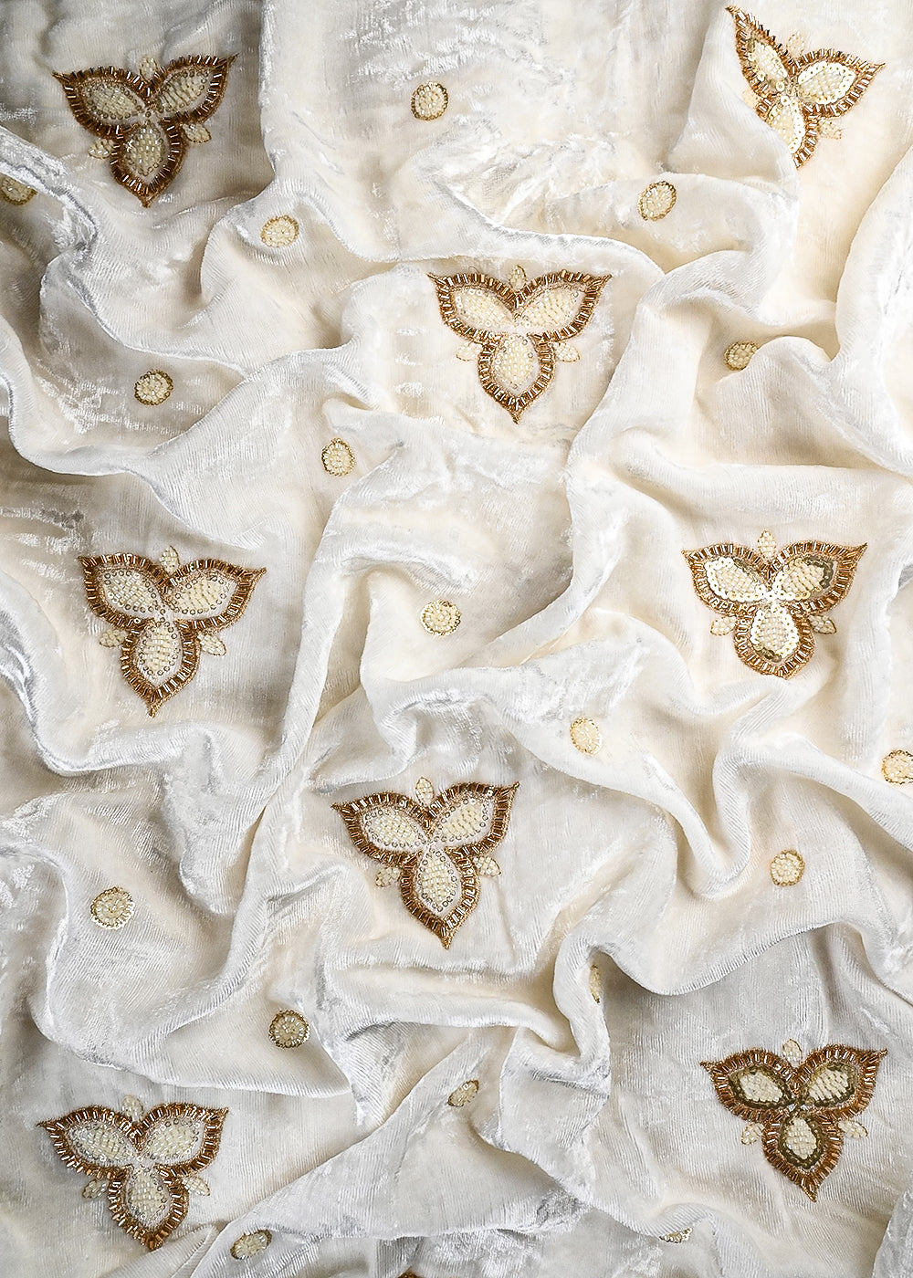 White Dyeable Velvet Fabric With All Over Zari, Sequins And Katdana Work 25806