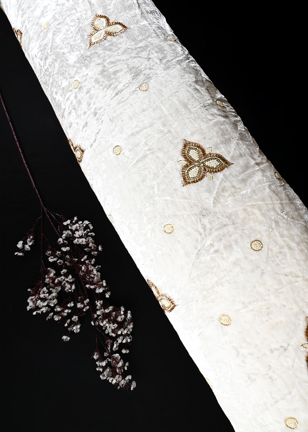 White Dyeable Velvet Fabric With All Over Zari, Sequins And Katdana Work 25806