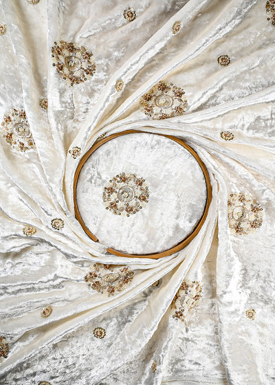 White Dyeable Velvet Fabric With All Over Zari, Sequins And Katdana Work 25807