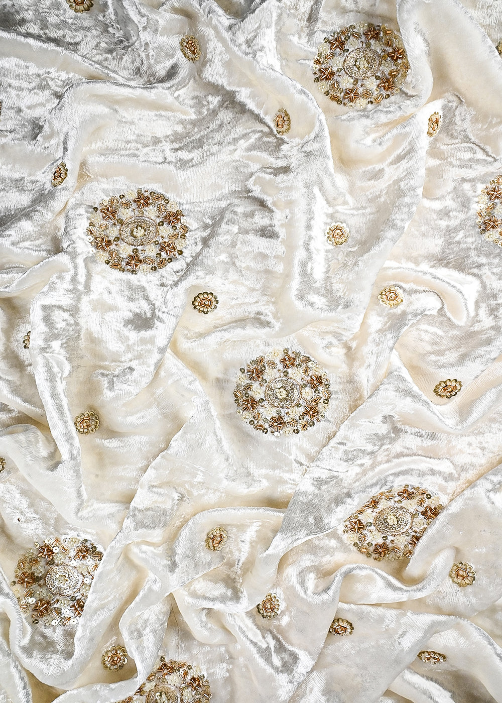 White Dyeable Velvet Fabric With All Over Zari, Sequins And Katdana Work 25807