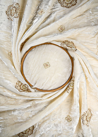 White Dyeable Velvet Fabric With All Over Zari, Sequins And Katdana Work 25808