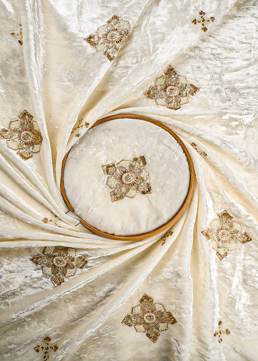 White Dyeable Velvet Fabric With All Over Zari, Sequins And Katdana Work 25809