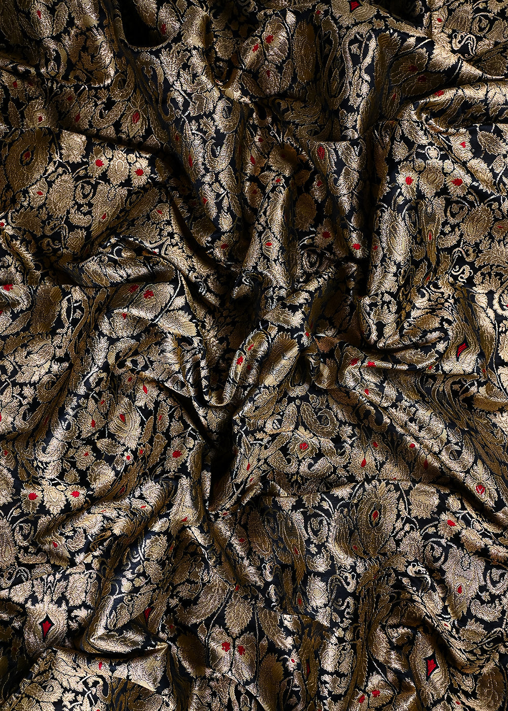 Black Banarasi Brocade Fabric With All Over Thread And Zari Handloom 25826