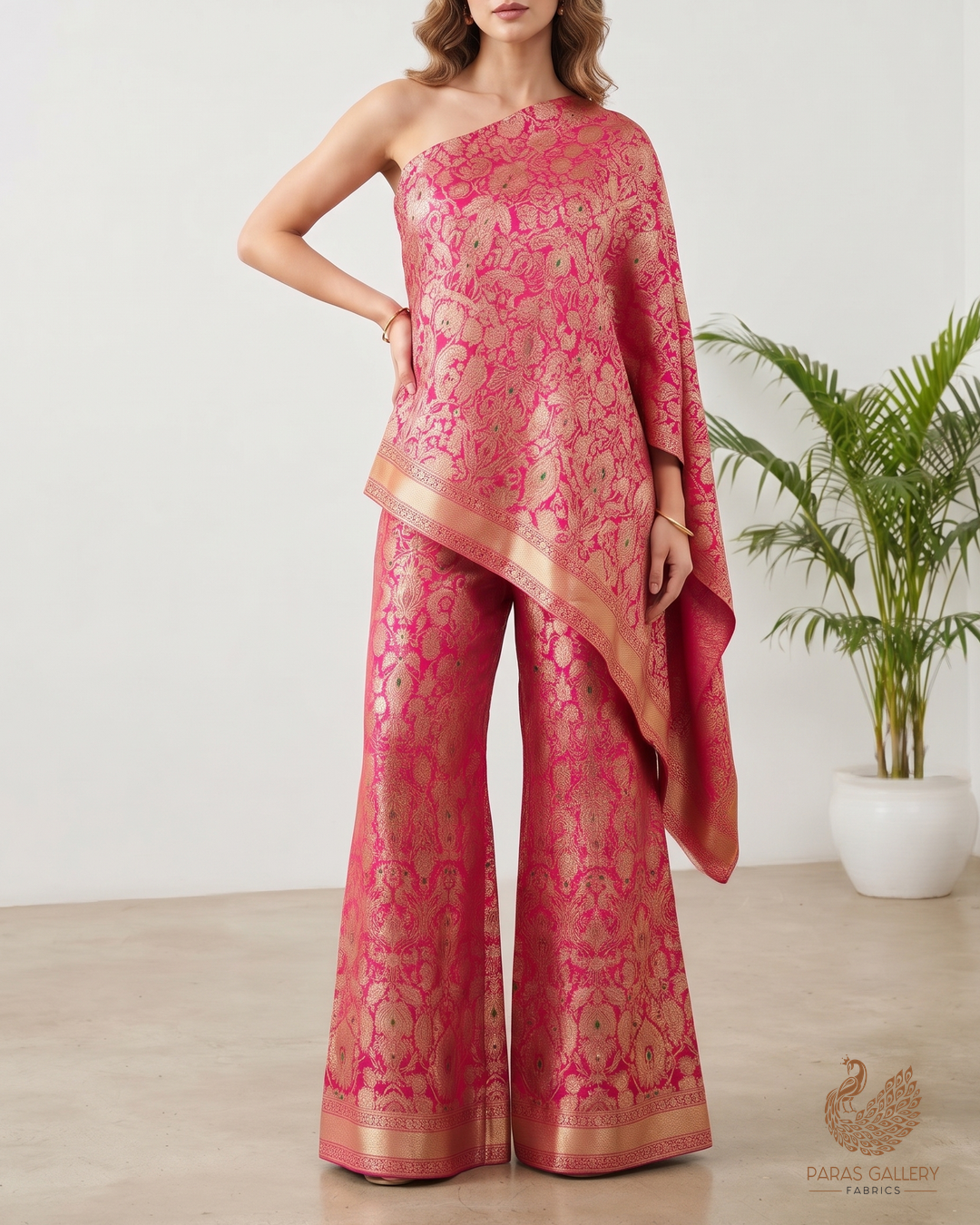 Rani Pink Banarasi Brocade Fabric With All Over Thread And Zari Handloom 25827