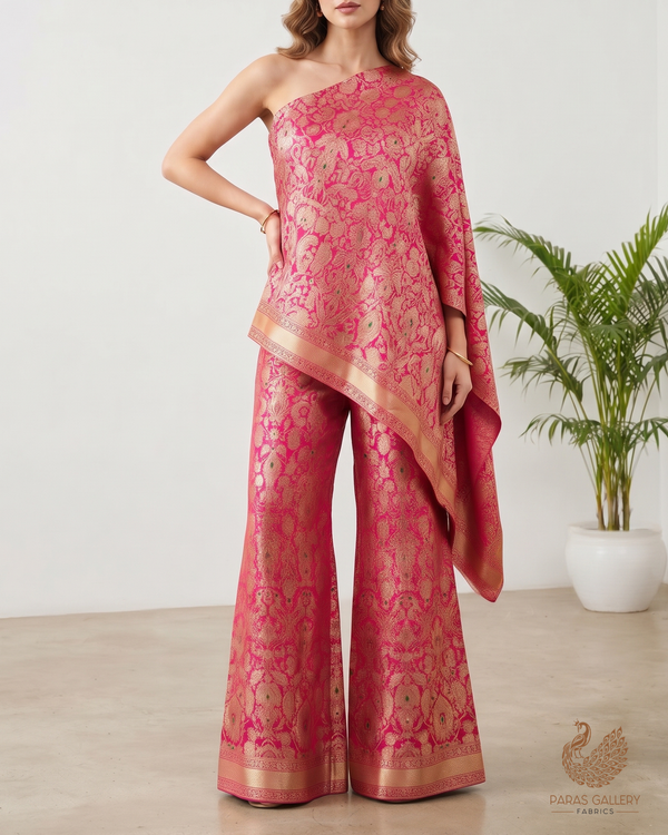 Rani Pink Banarasi Brocade Fabric With All Over Thread And Zari Handloom 25827