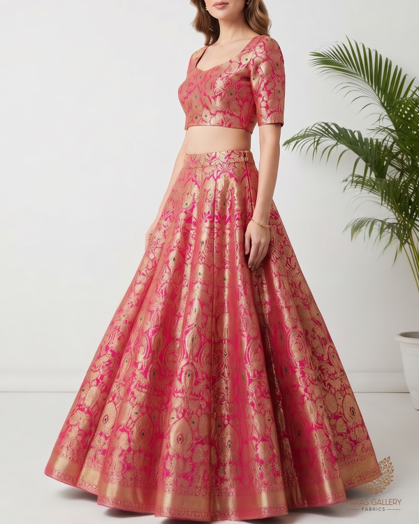 Rani Pink Banarasi Brocade Fabric With All Over Thread And Zari Handloom 25827