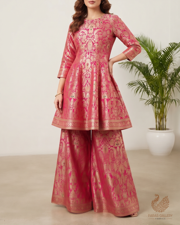Rani Pink Banarasi Brocade Fabric With All Over Thread And Zari Handloom 25827