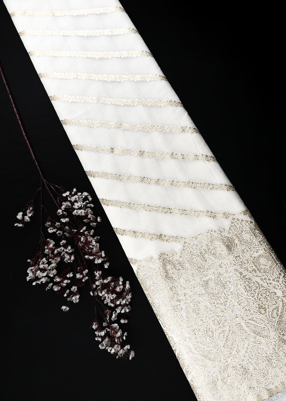 White Dyeable Chanderi Fabric With All Over Zari Handloom With One Side Border 25834