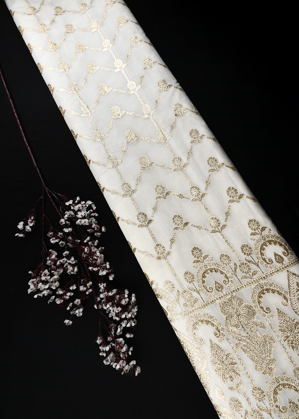 White Dyeable Chanderi Fabric With All Over Zari Handloom With One Side Border 25836