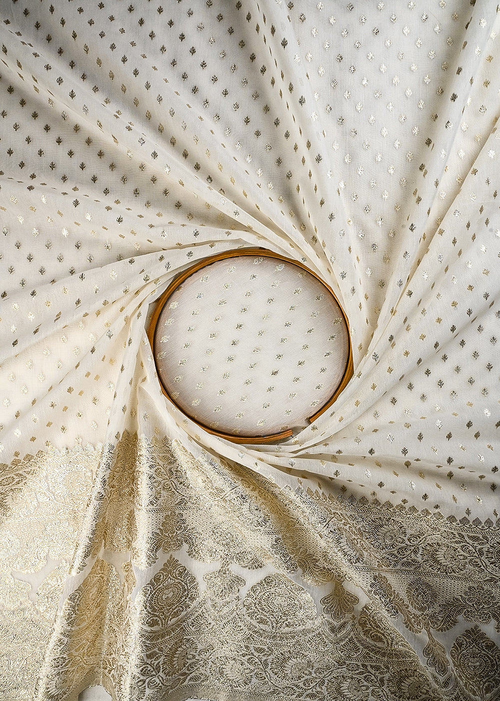 White Dyeable Chanderi Fabric With All Over Zari Handloom With One Side Border 25837