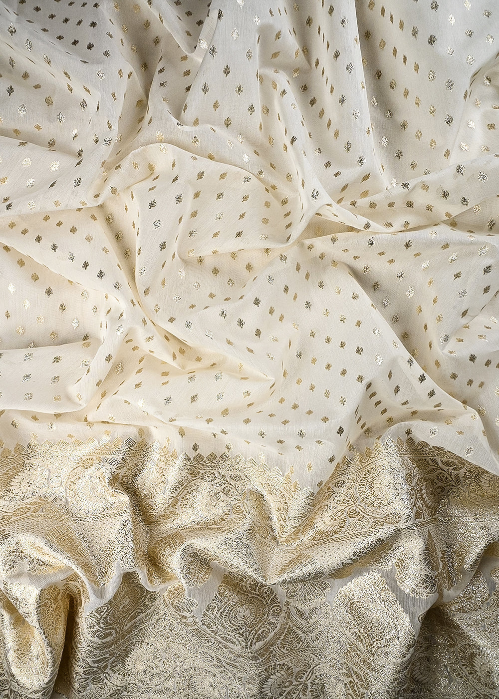 White Dyeable Chanderi Fabric With All Over Zari Handloom With One Side Border 25837