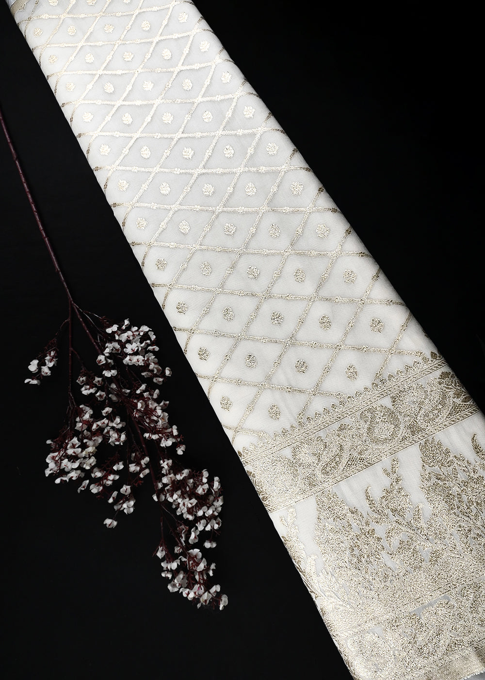 White Dyeable Chanderi Fabric With All Over Zari Handloom With One Side Border 25838