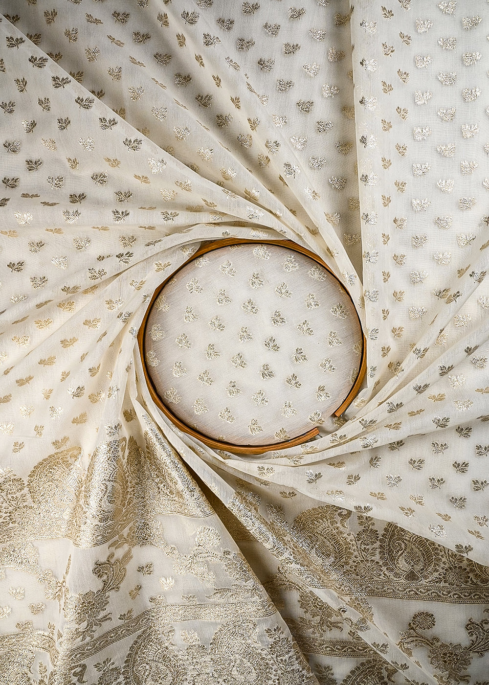 White Dyeable Chanderi Fabric With All Over Zari Handloom With One Side Border 25839