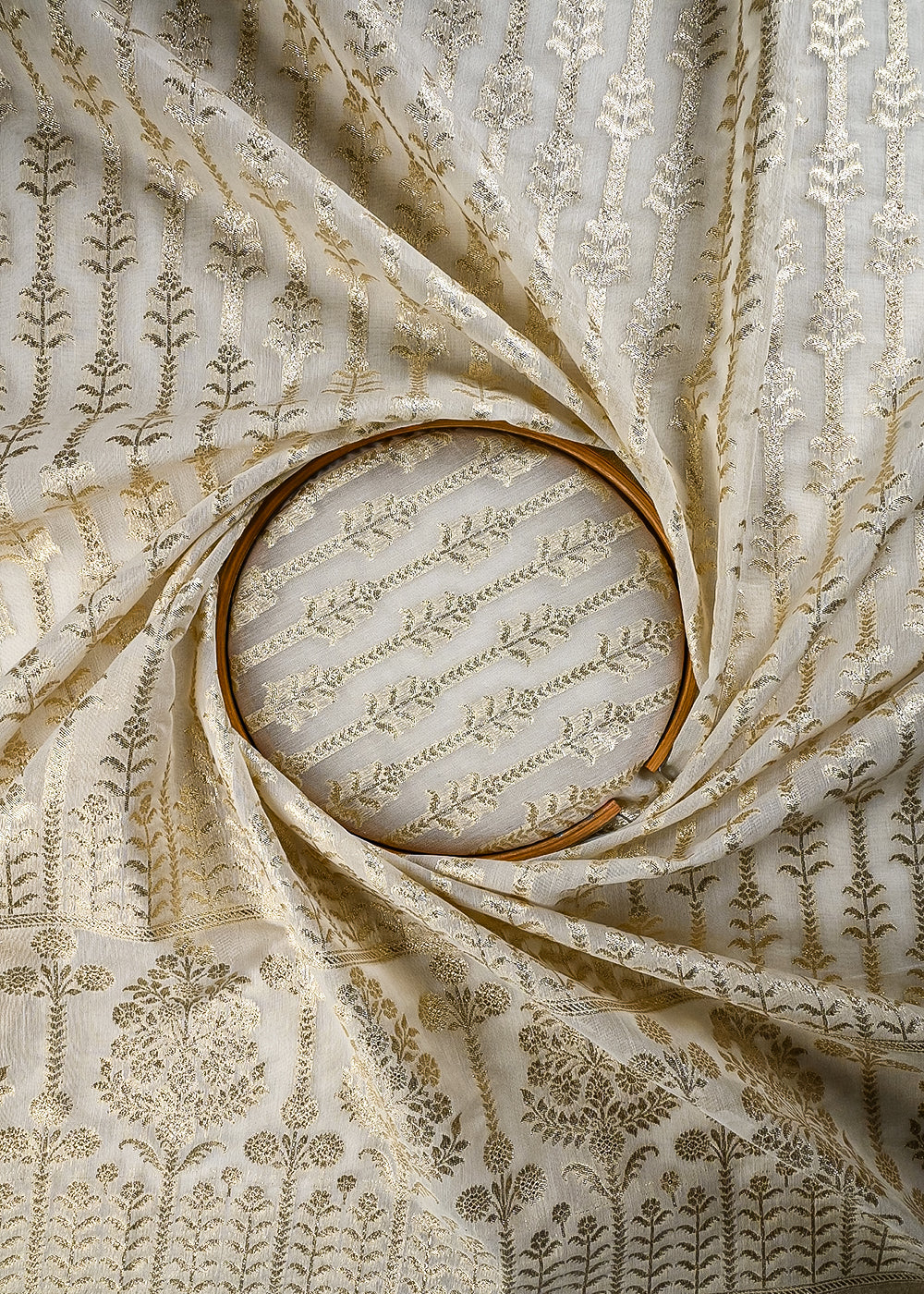 White Dyeable Chanderi Fabric With All Over Zari Handloom With One Side Border 25841