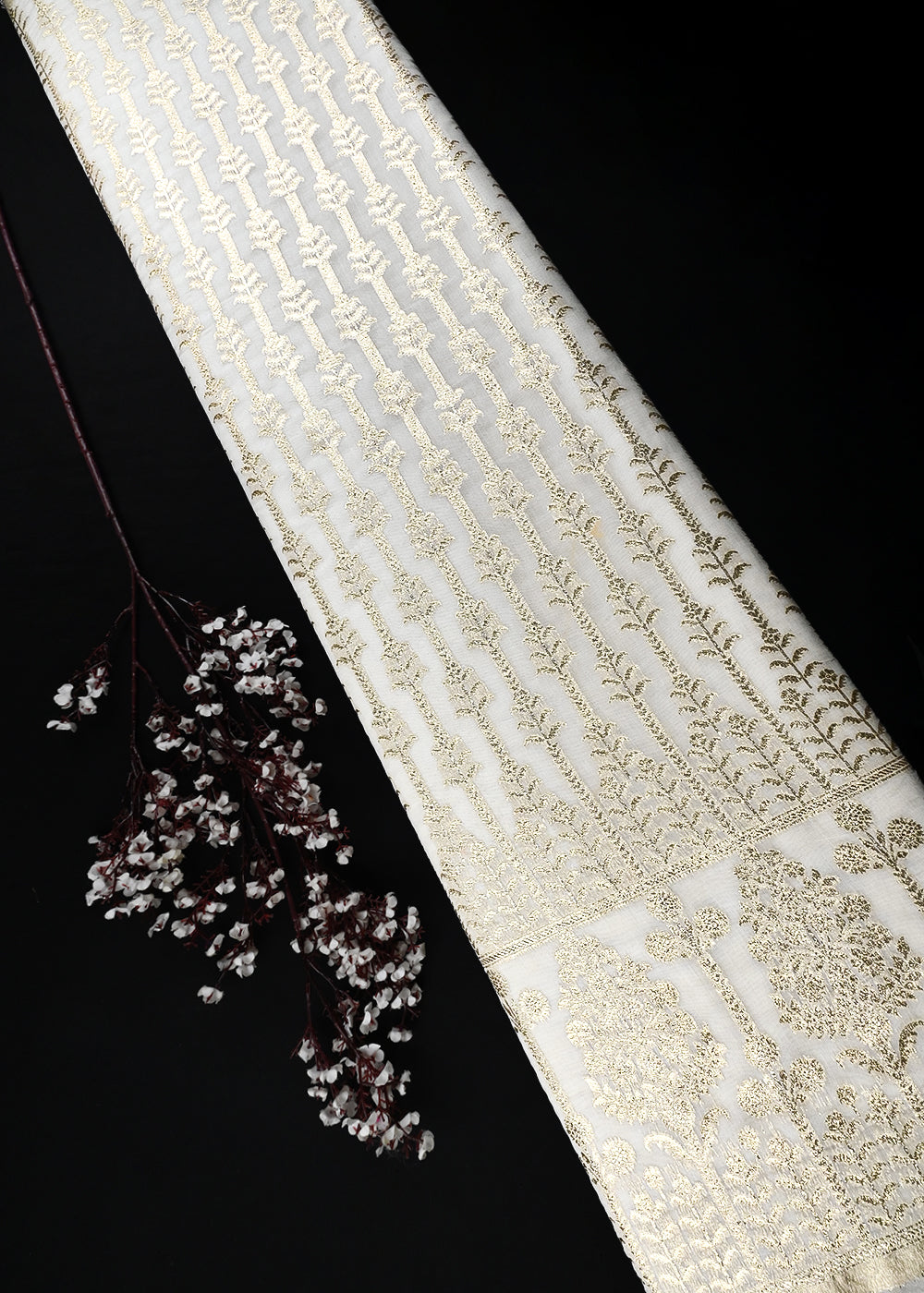 White Dyeable Chanderi Fabric With All Over Zari Handloom With One Side Border 25841