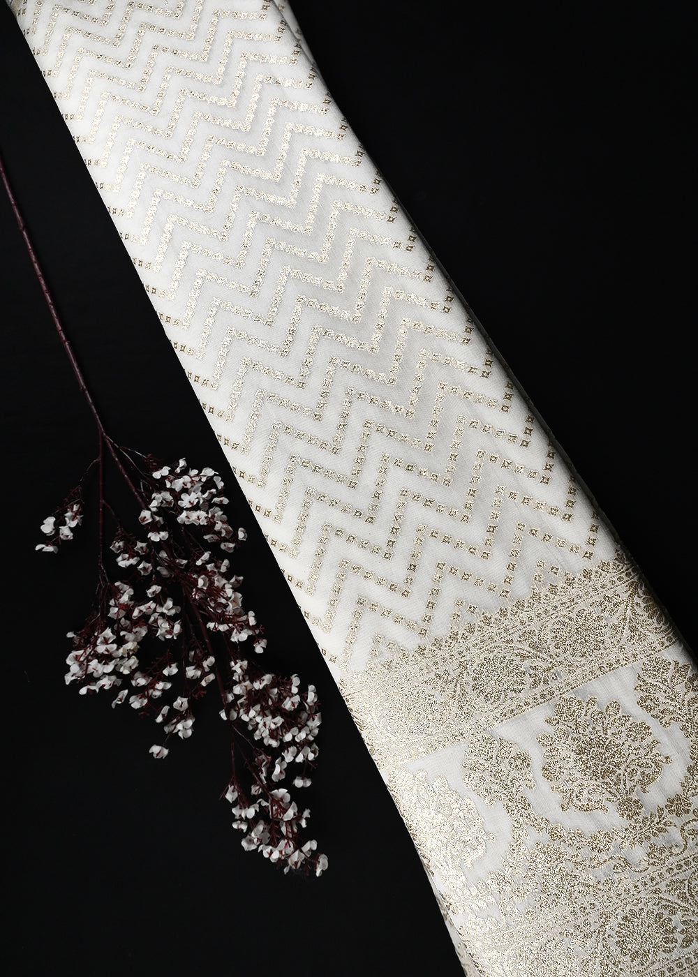 White Dyeable Chanderi Fabric With All Over Zari Handloom With One Side Border 25842