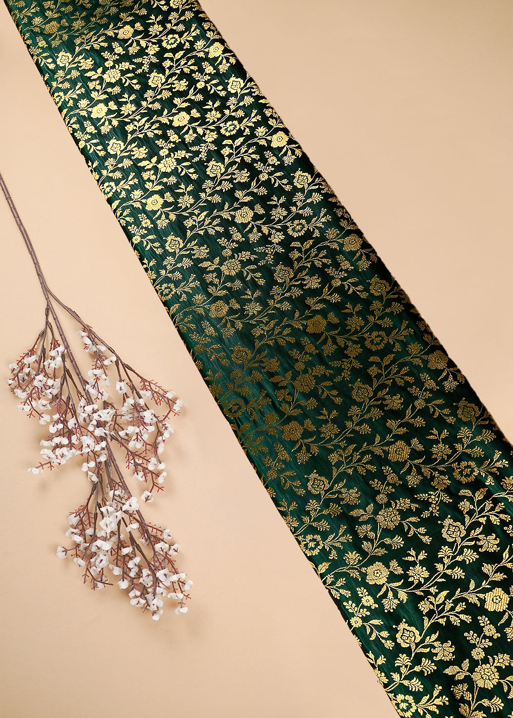 Bottle Green Banarasi Brocade Fabric With All Over Zari Handloom 25850