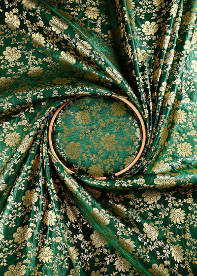 Bottle Green Banarasi Brocade Fabric With All Over Zari Handloom 25853