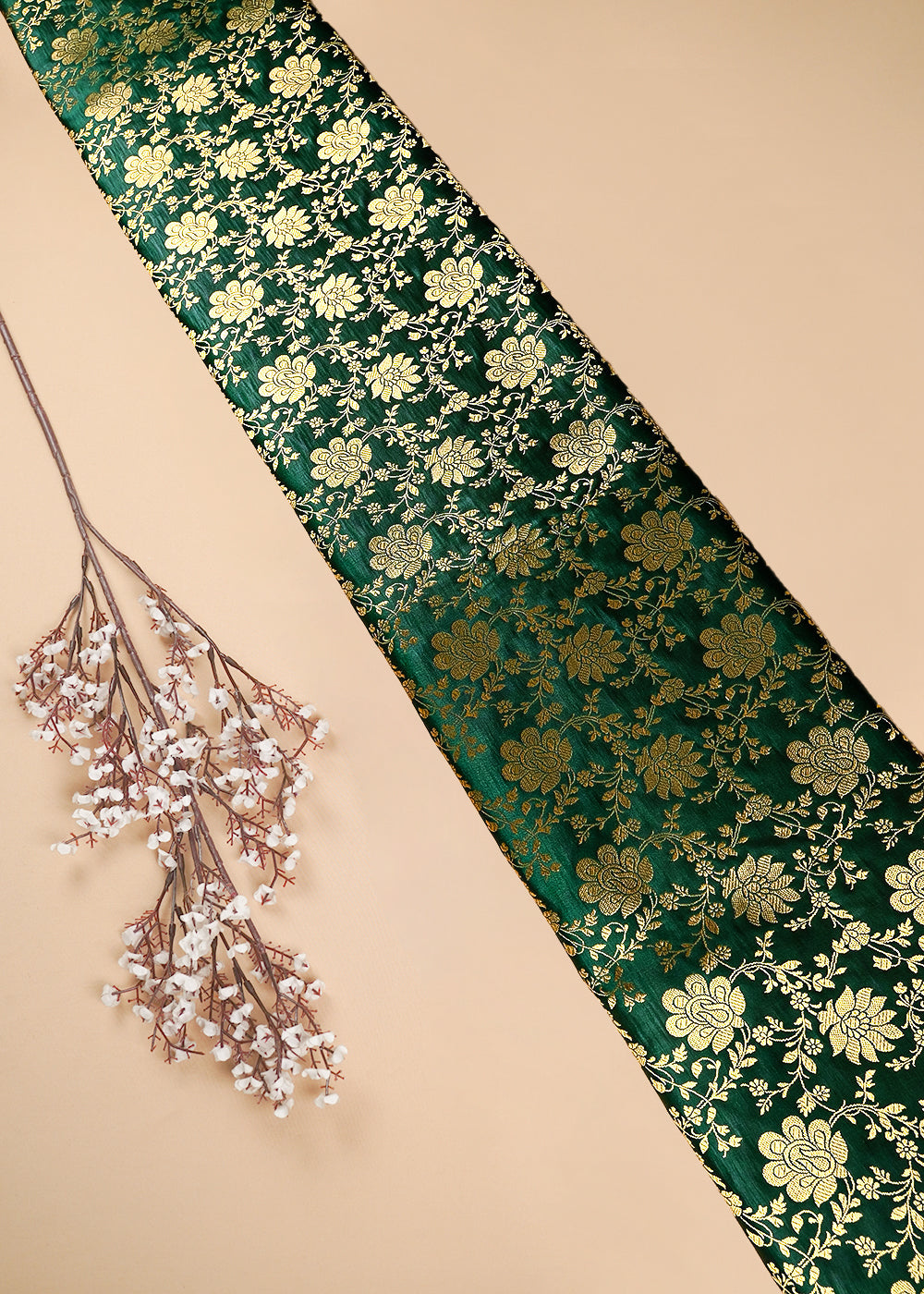Bottle Green Banarasi Brocade Fabric With All Over Zari Handloom 25853