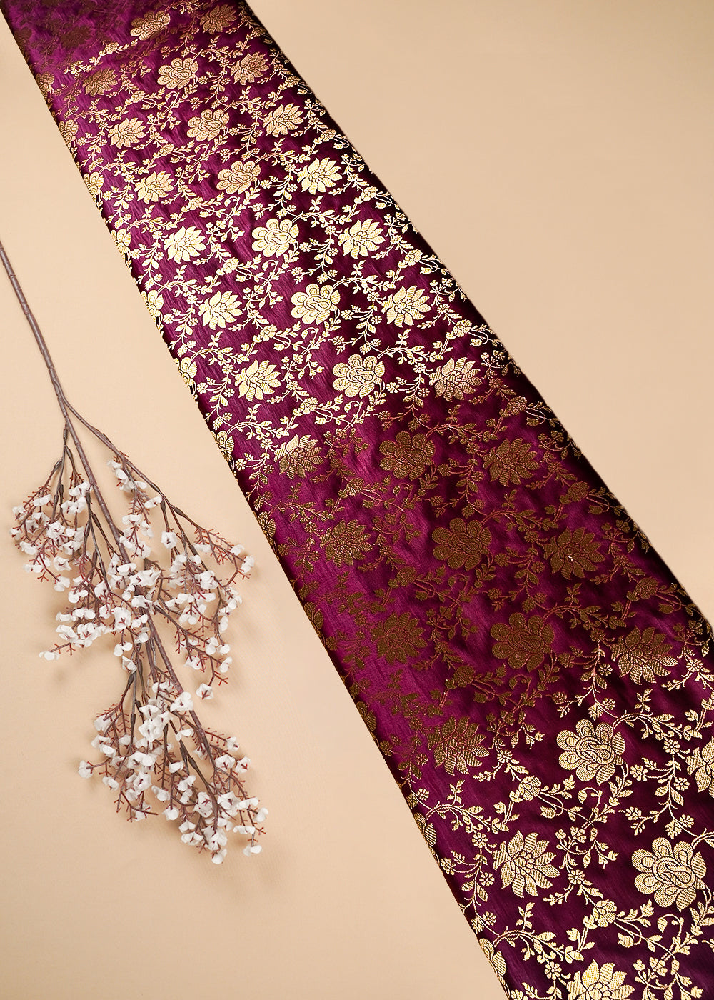 Wine Banarasi Brocade Fabric With All Over Zari Handloom 25854