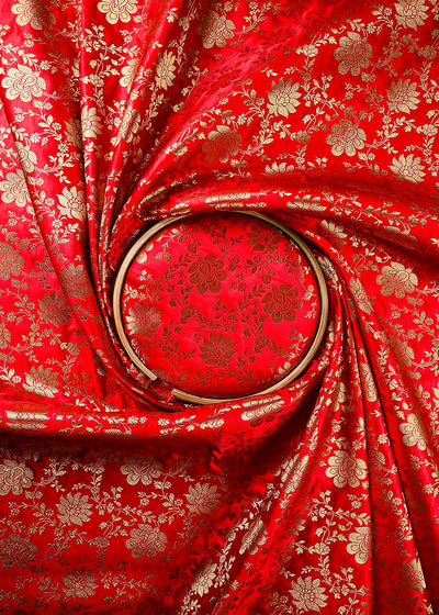 Red Banarasi Brocade Fabric With All Over Zari Handloom 25855