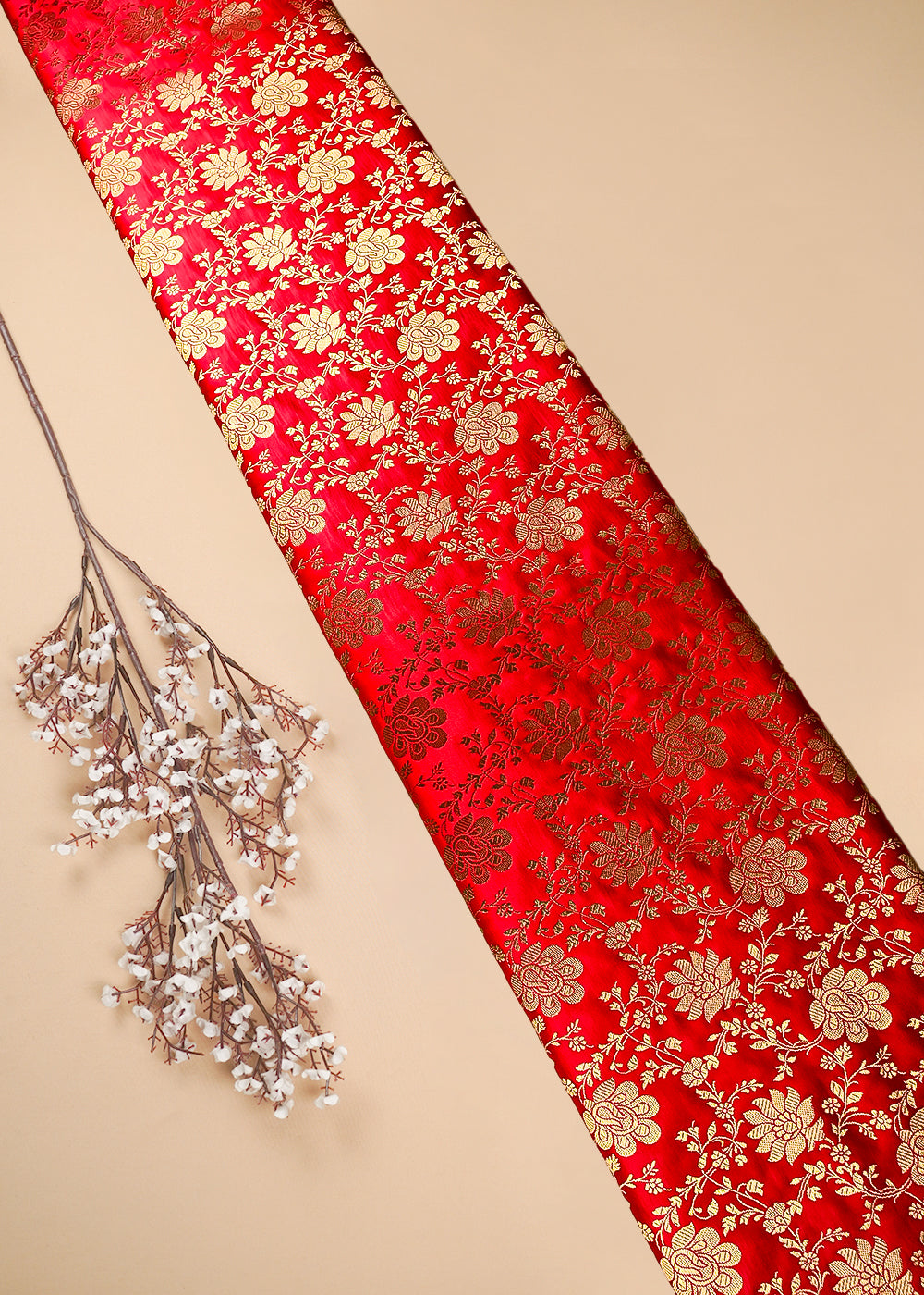 Red Banarasi Brocade Fabric With All Over Zari Handloom 25855