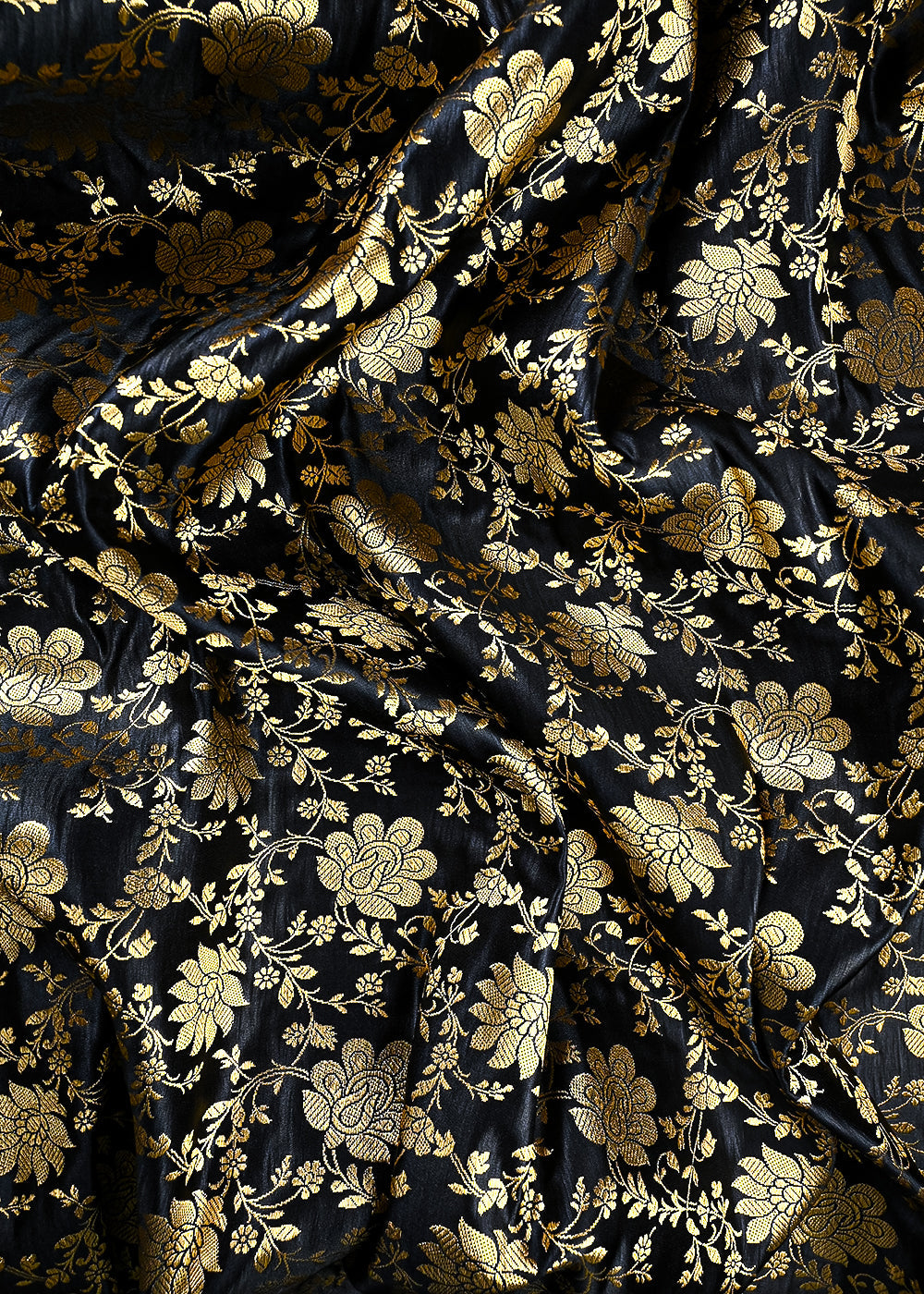 Black Banarasi Brocade Fabric With All Over Zari Handloom 25856