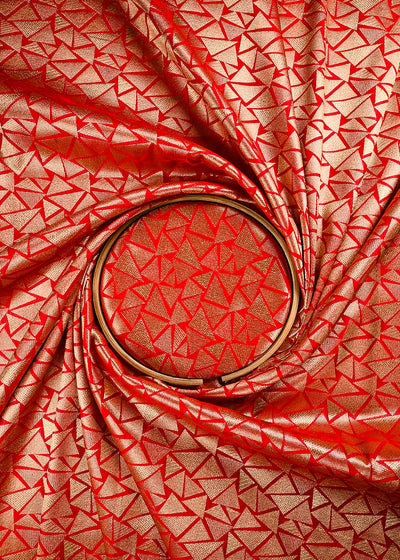 Red Banarasi Brocade Fabric With All Over Thread And Zari Handloom 25862