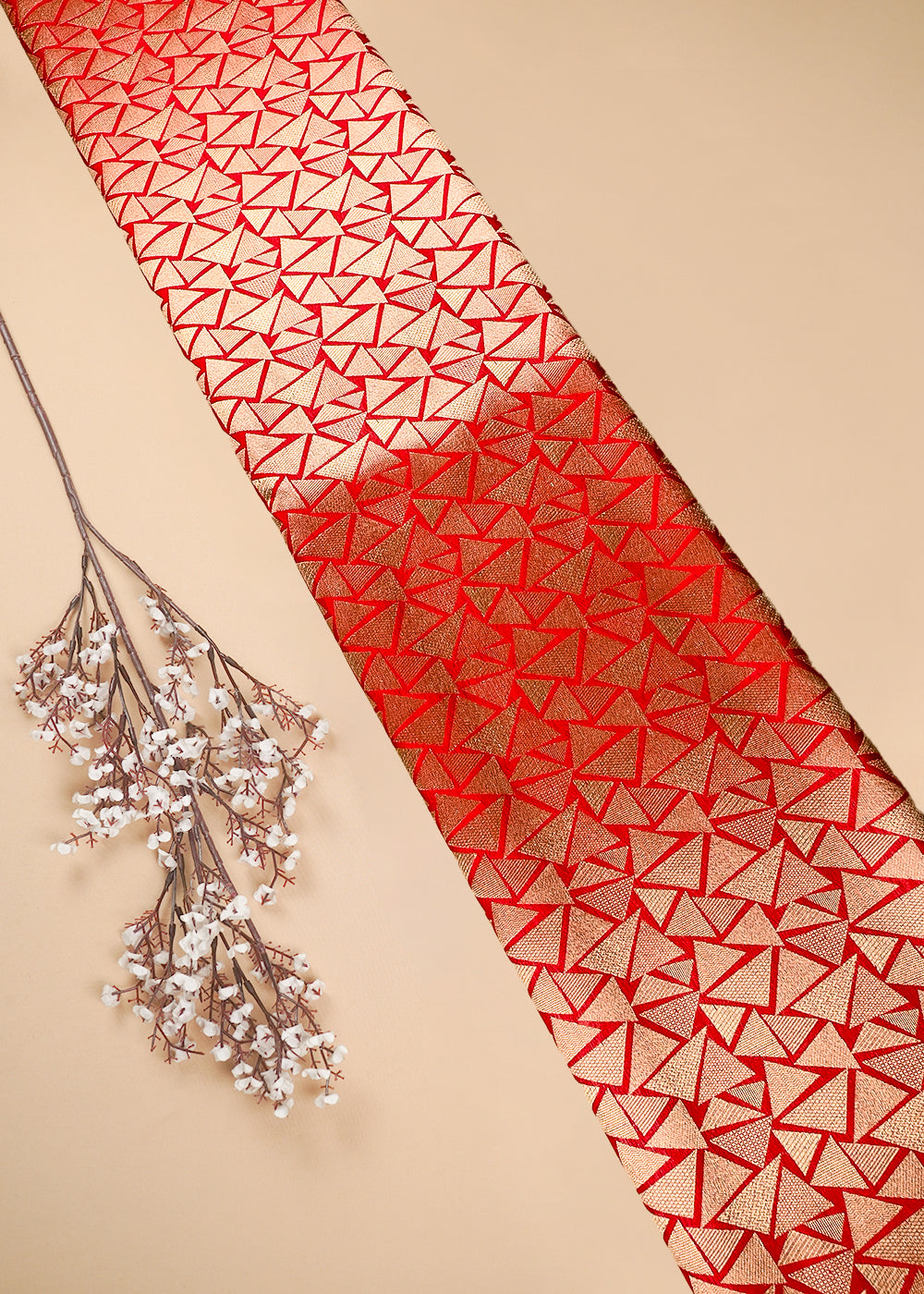 Red Banarasi Brocade Fabric With All Over Thread And Zari Handloom 25862