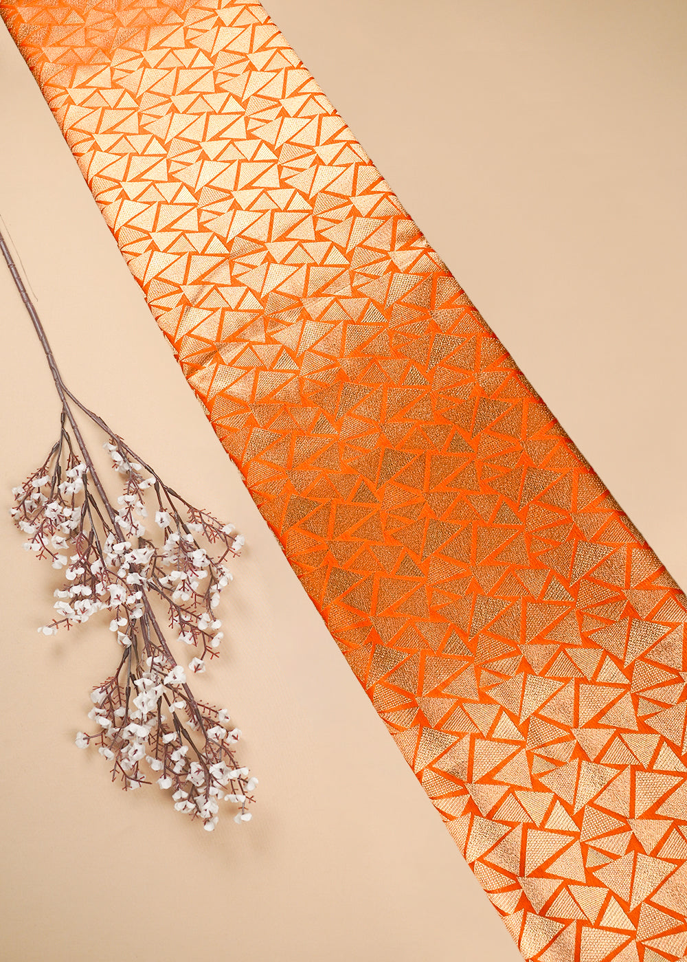Orange Banarasi Brocade Fabric With All Over Thread And Zari Handloom 25863