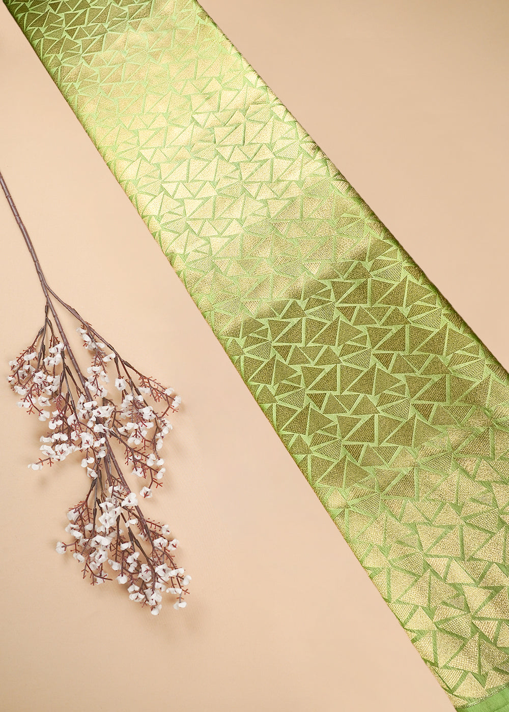 Pista Green Banarasi Brocade Fabric With All Over Thread And Zari Handloom 25865
