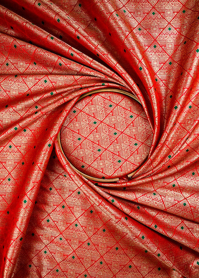 Red Banarasi Brocade Fabric With All Over Thread And Zari Handloom 25870