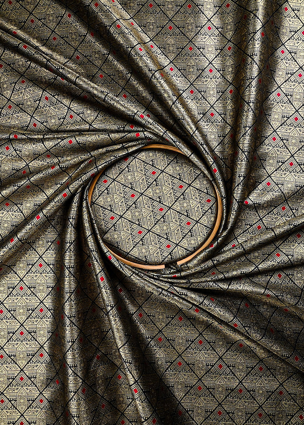 Black Banarasi Brocade Fabric With All Over Thread And Zari Handloom 25874