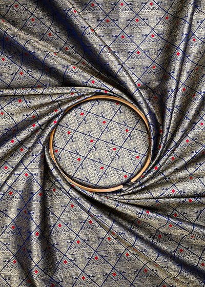Navy Blue Banarasi Brocade Fabric With All Over Thread And Zari Handloom 25875