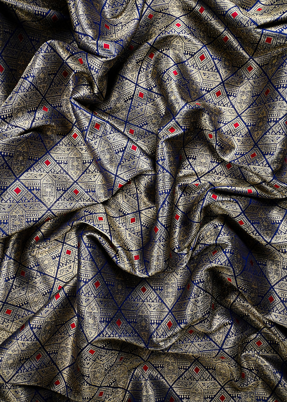 Navy Blue Banarasi Brocade Fabric With All Over Thread And Zari Handloom 25875