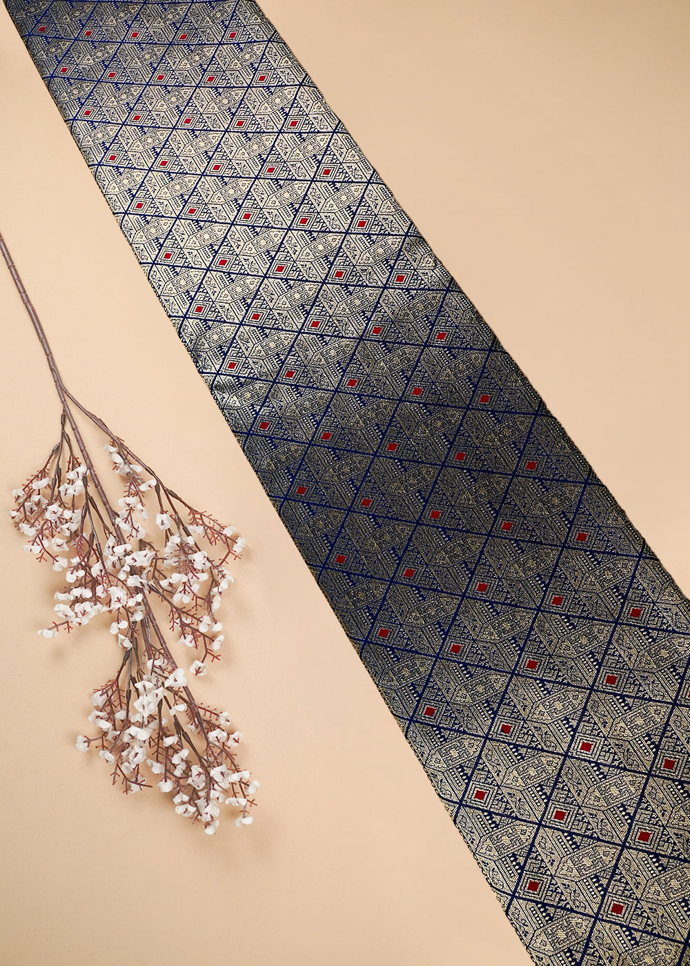 Navy Blue Banarasi Brocade Fabric With All Over Thread And Zari Handloom 25875