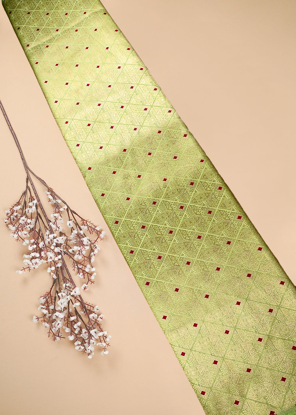 Pista Green Banarasi Brocade Fabric With All Over Thread And Zari Handloom 25876