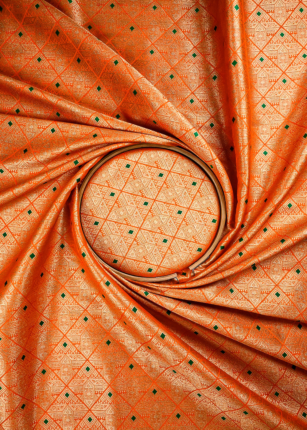 Orange Banarasi Brocade Fabric With All Over Thread And Zari Handloom 25877